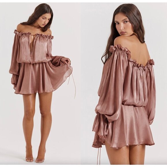 HOUSE OF CB Chaya Off Shoulder Dress in Hazelnut Size Small - Picture 13 of 16